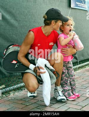 Dara Torres with her daughter at the Chris Evert-Raymond James Celebrity Tennis Tournament at the Delray Beach Tennis Center in Delray Beach, FL. 11/1/08. Stock Photo