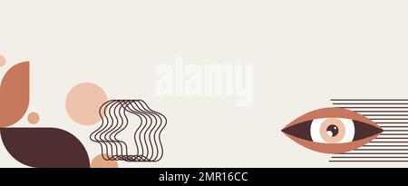 Bauhaus geometric web banner. Abstract design with different shapes and eyes.  Stock Vector