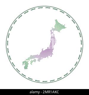 Japan round logo. Digital style shape of Japan in dotted circle with country name. Tech icon of the country with gradiented dots. Stock Vector