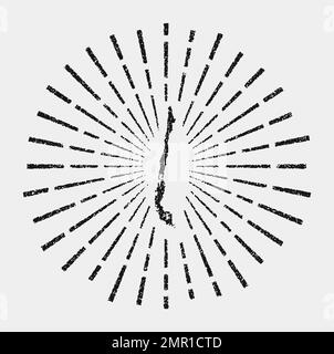 Vintage map of Chile. Grunge sunburst around the country. Black Chile shape with sun rays on white background. Vector illustration. Stock Vector