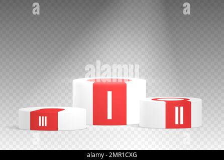 Winners podium white with red carpets. Stage for awards ceremony. Pedestal with spotlight realistic 3D vector illustration isolated on transparent background Stock Vector