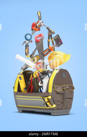 different tools set in tool bag concept of repair tools warehouse promotion 3d render on blue background Stock Photo