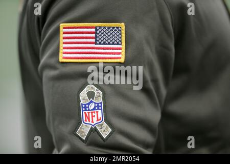 The American Flag and the Salute to Service logo is shown on a hoodie  before an NFL football game between the Indianapolis Colts and the Las  Vegas Raiders in Las Vegas, Sunday