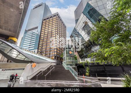 Skyscrappers and entrance to Wynyard metro station in Napoleon Plaza, Sydney, Australia on 6 January 2023 Stock Photo