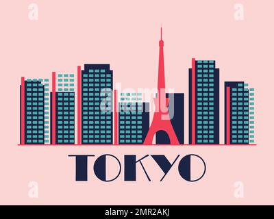 Tokyo landscape in vintage style. Retro banner of Tokyo city with skyscrapers in linear style. Design for print, posters and promotional materials. Ci Stock Vector