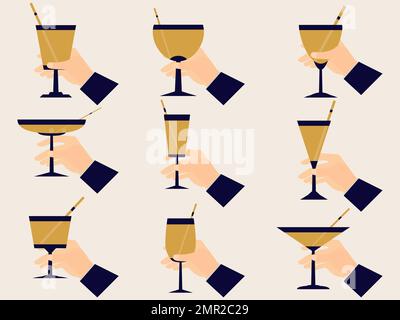 Hand holding wine glass set icons in art deco style. Collection of alcoholic drinks in different glasses with straws. Glasses of wine and champagne. S Stock Vector