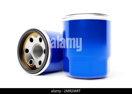 Blue fuel filter car on white background. 3d illustration. Car Repair Parts Stock Photo