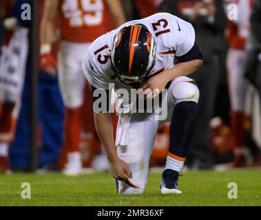 Oct 22, 2017; Carson, CA, USA; Denver Broncos quarterback Trevor Siemian  (13) throws a pass during the second half against the Los Angeles Chargers  at StubHub Center. Mandatory Credit: Orlando Ram …