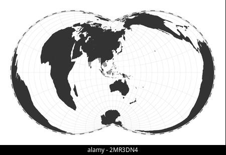 Vector world map. Rectangular (War Office) polyconic projection. Plain world geographical map with latitude and longitude lines. Centered to 120deg W Stock Vector