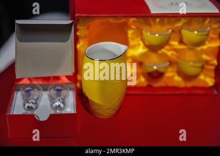 Kyiv, Ukraine - June 06, 2021: Maotai or Moutai hard drink booth at Food and Wine Fest. It is a brand of baijiu, a distilled Chinese liquor made in th Stock Photo