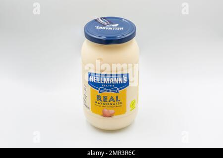 Kyiv, Ukraine - July 04, 2021: Studio shoot of Hellmanns Mayonnaise Real jar closeup on white. It is a brand name that used for the line of mayonnaise Stock Photo