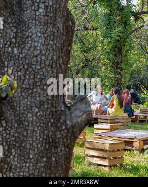 Kyiv, Ukraine - September 11, 2021: People visit Kartuli Fest Georgian Wine Party in National Exhibition Center. Stock Photo