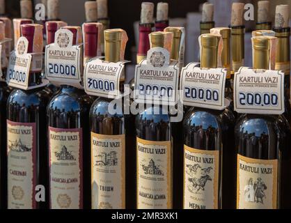 Kyiv, Ukraine - September 11, 2021: Georgian Kartuli Vazi wine bottles closeup at Kartuli Wine and Cuisine Fest. Stock Photo