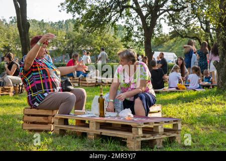 Kyiv, Ukraine - September 11, 2021: People visit Kartuli Fest Georgian Wine Party in National Exhibition Center. Stock Photo