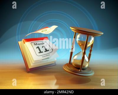 Hourglass and desk calendar with pages flying off. Digital illustration, 3D rendering. Stock Photo