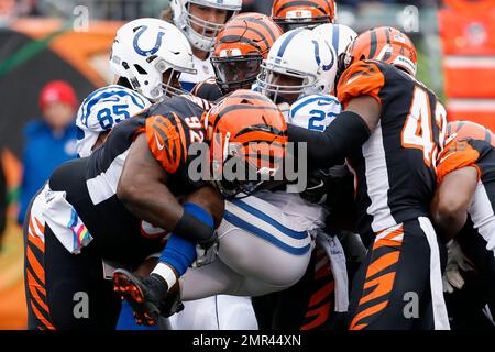 Indianapolis Colts running back Frank Gore, center, gets up out of the snow  during the second half of an NFL football game against the Buffalo Bills,  Sunday, Dec. 10, 2017, in Orchard