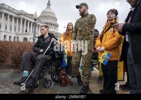 Washington, United States. 31st Jan, 2023. Ukrainian service members, Daniil Melnyk, 20, and Dmytro Finashyn, 28, Senior Sergeant of the Ukrainian National Guard attend a press conference held by the Congressional Ukraine Caucus regarding the war in Ukraine at the U.S. Capitol in Washington, DC on Tuesday, January 31, 2023. Photo by Ken Cedeno/UPI Credit: UPI/Alamy Live News Stock Photo