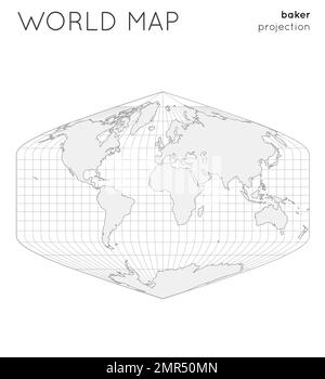 World map. Globe in Baker projection, with graticule lines style. Outline vector illustration. Stock Vector
