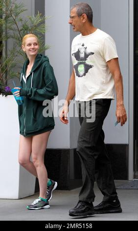 EXCLUSIVE!! 'The Fly' and 'Jurassic Park' star Jeff Goldblum, 58, and reported girlfriend, model and heiress Lydia Hearst-Shaw, 26, look very much the happy couple as they share some laughs while leaving a local gym. Hearst-Shaw, daughter of Patricia Hearst and Bernard Shaw, is set to appear in several films due out this year including 'Crimson Tear,' 'Two Jacks,' and 'Catwalk.' West Hollywood, CA. 4/20/11. Stock Photo