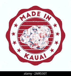 Made In Kauai. Island round stamp. Seal of Kauai with border shape. Vintage badge with circular text and stars. Vector illustration. Stock Vector