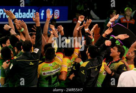 Patna Pirates in green jersey celebrate after winning the match against the  Bengal Warriors to qualify for the finals of Vivo Pro Kabaddi league in  Chennai, India, Thursday, Oct.26, 2017. (AP Photo