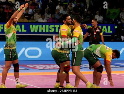 Monu Goyat, in green jersey, of Patna Pirates attempts to score a