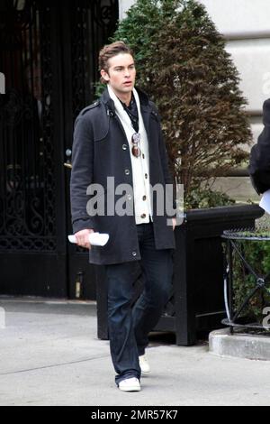 After appearing on the Golden Globe Awards last night, Chace Crawford film scenes with co-stars Taylor Momsen, Sebastian Stan and Connor Paolo on the set of 'Gossip Girl' in New York, NY. 1/18/10.     . Stock Photo