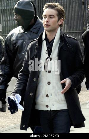 After appearing on the Golden Globe Awards last night, Chace Crawford film scenes with co-stars Taylor Momsen, Sebastian Stan and Connor Paolo on the set of 'Gossip Girl' in New York, NY. 1/18/10.     . Stock Photo