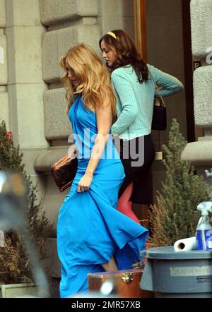 Actresses Blake Lively and Leighton Meester film a scene on the set of 'Gossip Girl' in New York, NY. 3/18/09. Stock Photo