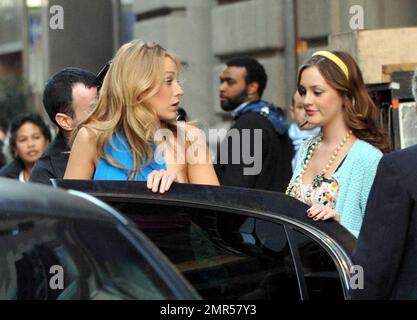 Actresses Blake Lively and Leighton Meester film a scene on the set of 'Gossip Girl' in New York, NY. 3/18/09. Stock Photo