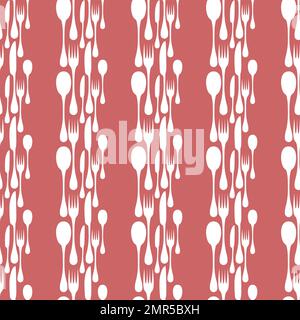 Cutlery seamless vector pattern. Silverware hand implements - spoon, knife and fork silhouettes mosaic arranged in vertical stripes on red background Stock Vector