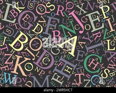 Seamless background pattern mosaic of multicolored letters on dark blackboard background. Simple flat vector illustration Stock Vector
