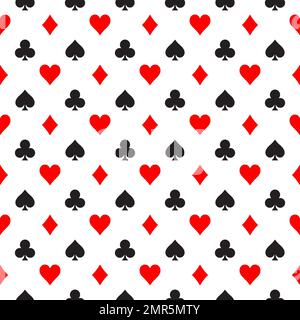 Seamless pattern background of poker suits - hearts, clubs, spades and diamonds - arranged in the rows on white background. Casino gambling theme Stock Vector