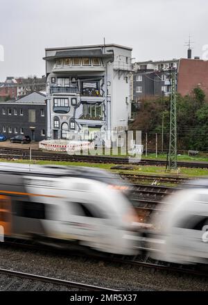 The Deutsche Bahn AG signal box in Mülheim-Styrum, controls train traffic on one of the busiest railway lines in Germany, between Essen and Duisburg, Stock Photo