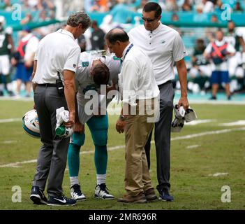 Miami Dolphins quarterback Jay Cutler, middle, and Matt Moore, right, talk  to head coach Adam Gase, left, in the first half against the Los Angeles  Chargers at StuHub Center in Carson, California