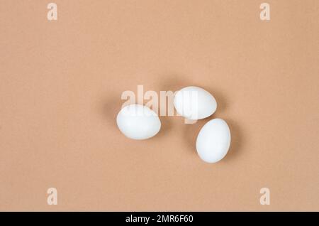 Fresh white chicken eggs close-up on a beige background. Group of three eggs. Stock Photo