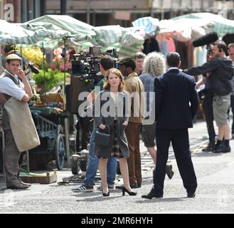 Tom Hardy and Emily Browning are seen filming scenes for the new Krays movie, “Legends” in the East End of London, UK. August 15, 2014. Stock Photo