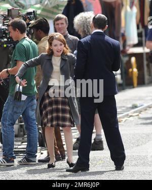 Tom Hardy and Emily Browning are seen filming scenes for the new Krays movie, “Legends” in the East End of London, UK. August 15, 2014. Stock Photo
