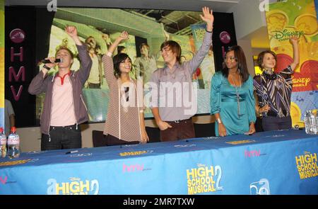 Thousands of people crowded into HMV on Oxford Street when stars from the smash hit movie 'High School Musical 2' showed up to meet fans and sign copies of its #1 selling soundtrack. Stars Zac Efron (Troy Bolton), Vanessa Hudgens (Gabriella Martinez), Lucas Grabeel (Ryan Evans), Monique Coleman (Taylor McKessie) and Olesya Rulin (Kelsi Nielsen) were chatting with fans of the movie and signing copies of the new soundtrack, which has already become a huge hit around the globe. Fans were lining up on Oxford Street from the early hours of Wednesday morning to grab themselves one of the limited edi Stock Photo