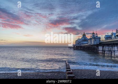 Eastbourne Pier, in the county of East Sussex on the south coast of England, UK at daybreak in the winter. Stock Photo