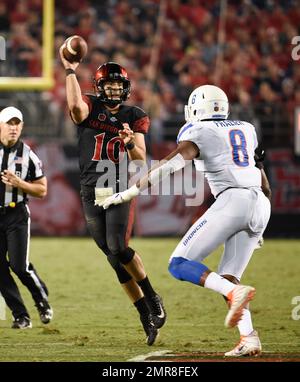 Boise State defensive end Jabril Frazier (8) hits Wyoming quarterback Josh  Allen (17) as he releases the football for an incomplete pass during an  NCAA college football game Saturday, Oct. 21, 2017