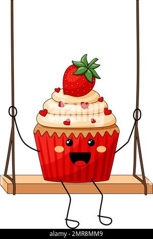 Happy strawberry cupcake riding on a swing Stock Vector