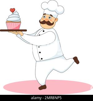 Happy chef carrying a cake with heart Stock Vector