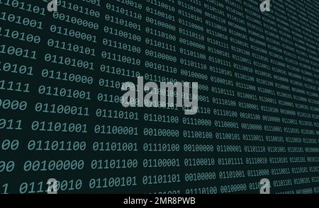 Computer binary code of ones and zeros displayed on a digital screen with columns and rows of green numbers Stock Photo