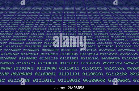 Computer binary code of ones and zeros displayed on a digital screen with green and blue matrix style numbers Stock Photo