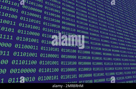 Computer binary code of ones and zeros displayed on a digital screen with grid of green and blue numbers Stock Photo