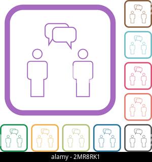 Two talking persons with rounded square bubbles outline simple icons in color rounded square frames on white background Stock Vector