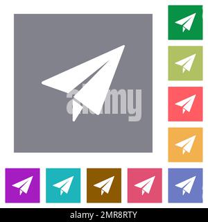 Paper plane solid flat icons on simple color square backgrounds Stock Vector