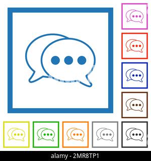 Two oval active chat bubbles outline flat color icons in square frames on white background Stock Vector