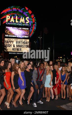 Playboy founder Hugh Hefner celebrates his 85th birthday in a combo party with his son Marston who celebrated his 21st birthday at The Palms Hotel and Casino.  The father son duo posed for pictures with their friends including Marston's girlfriend Playboy Playmate Claire Sinclair and Hugh's fiancee Crystal Harris. Las Vegas, NV. 04/09/11. Stock Photo